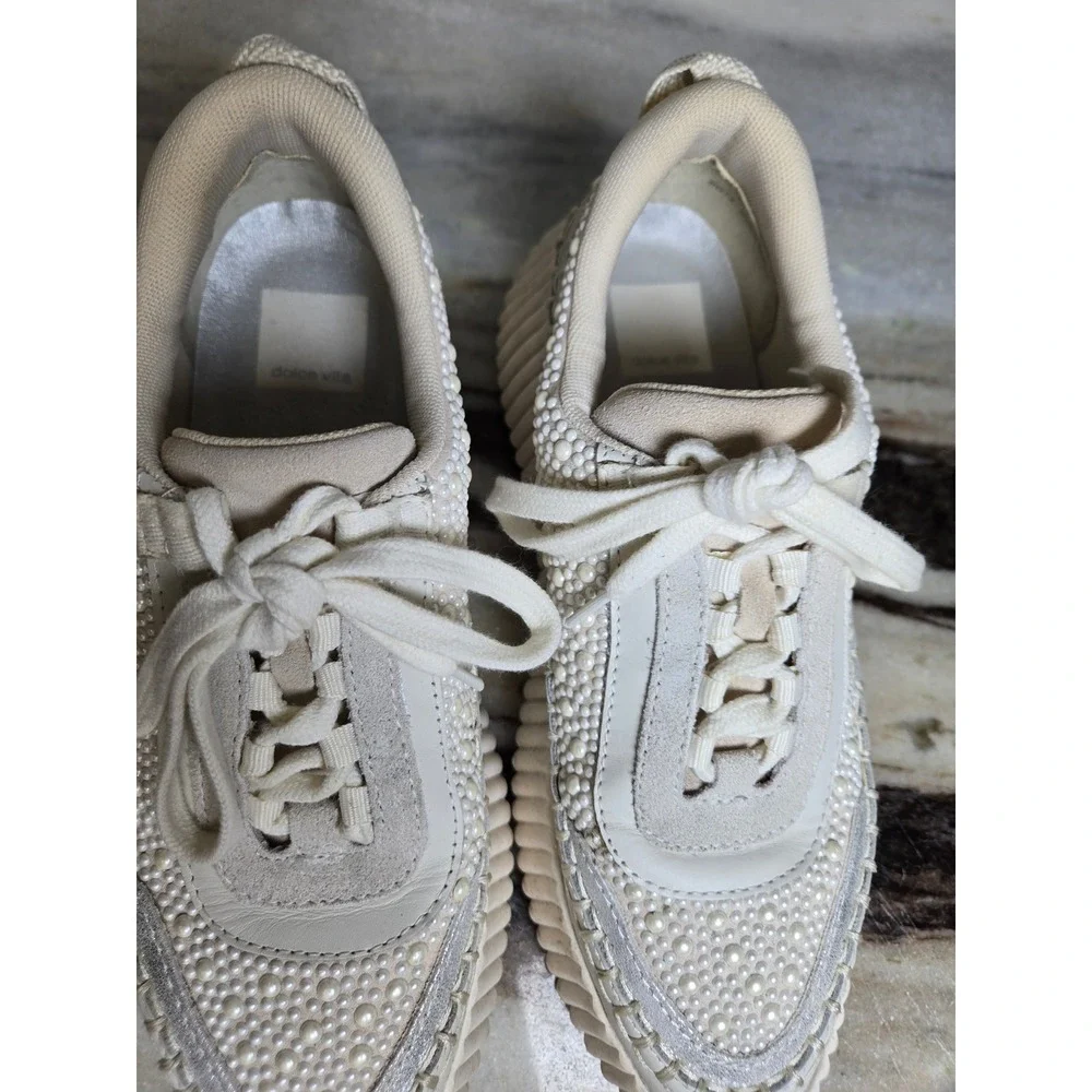 Dolce Vita Dolen Pearl Embellished Platform Sneakers Cream Silver Womens Shoes - Picture 3 of 10